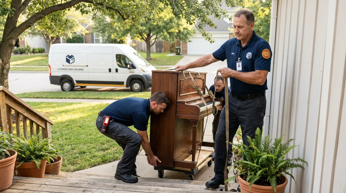 Licensed piano movers securing grand piano in Boston, GA